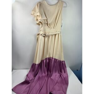 NWT Chicways Dress Women's Sz L Champagne/Mauve Maxi Belted Ruffle Org $118